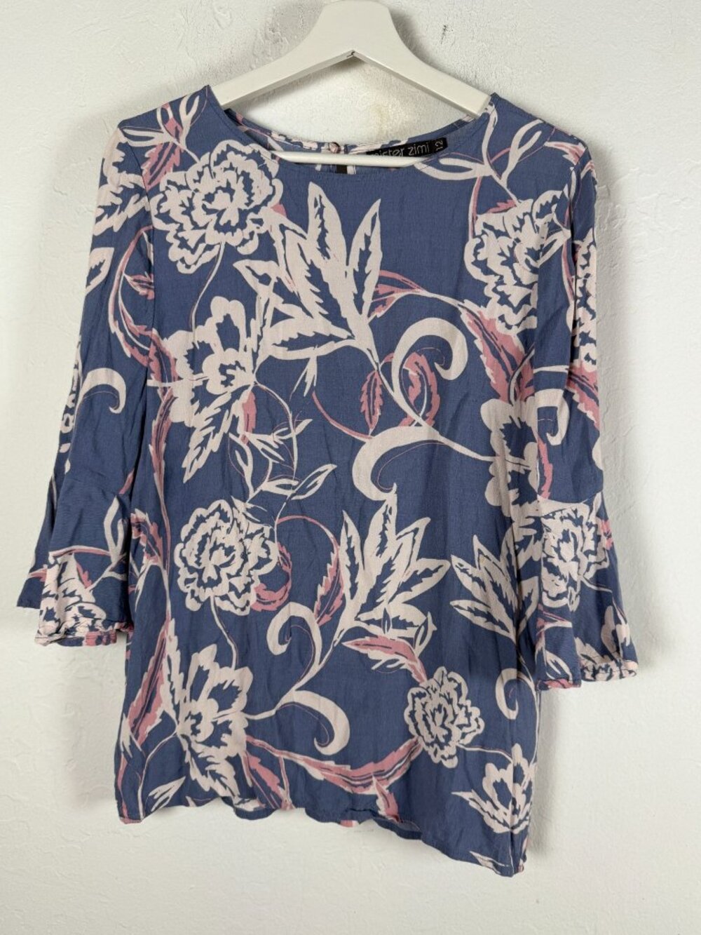 Mister Zimi Womens Orchid Sylvie Blouse Navy Pink Floral Bell Sleeve Top Size 12